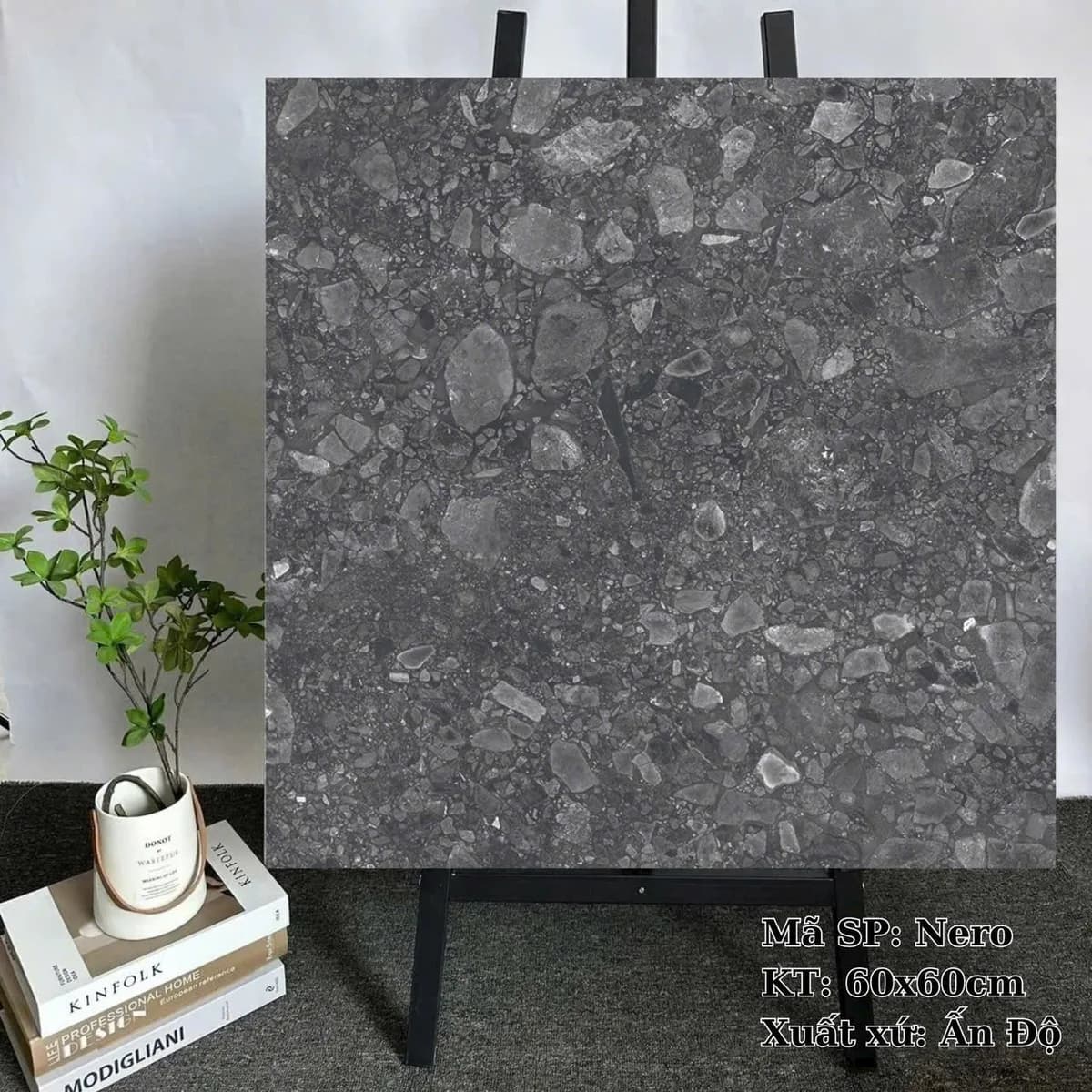 Gạch lát nền terrazzo Ấn Độ 60X60 Nero đá mờ nhám