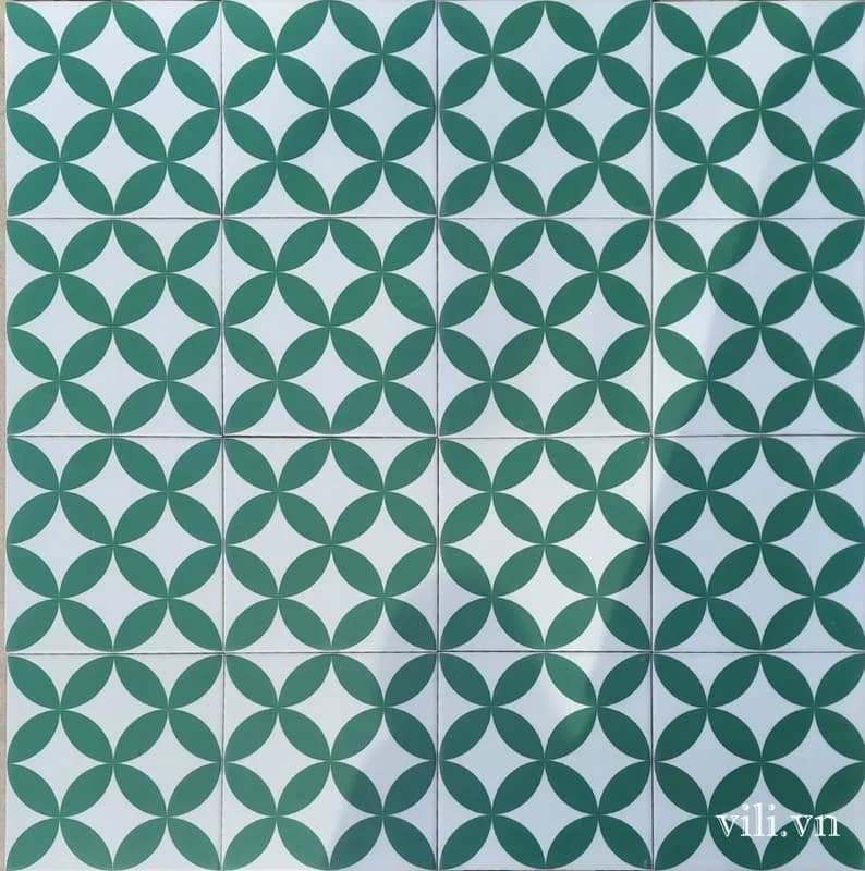 Gạch bông lát nền 20x20 VL218 đồng tiền trắng & xanh lá